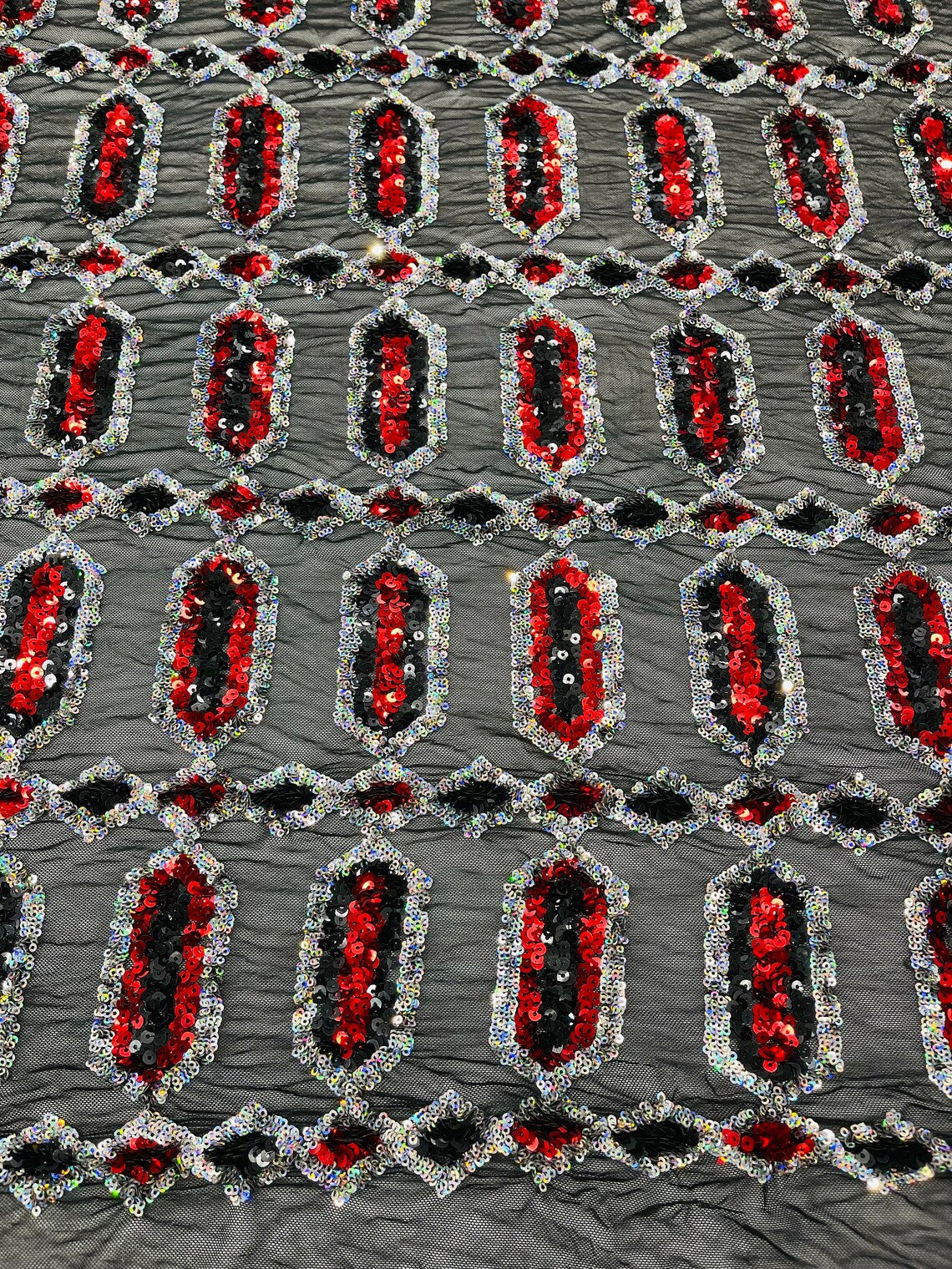 Geometric Luxury Fashion Design with Sequins Embroider on a Black 4 Way Stretch Mesh Fabric-Sold by The Yard. Red/Silver