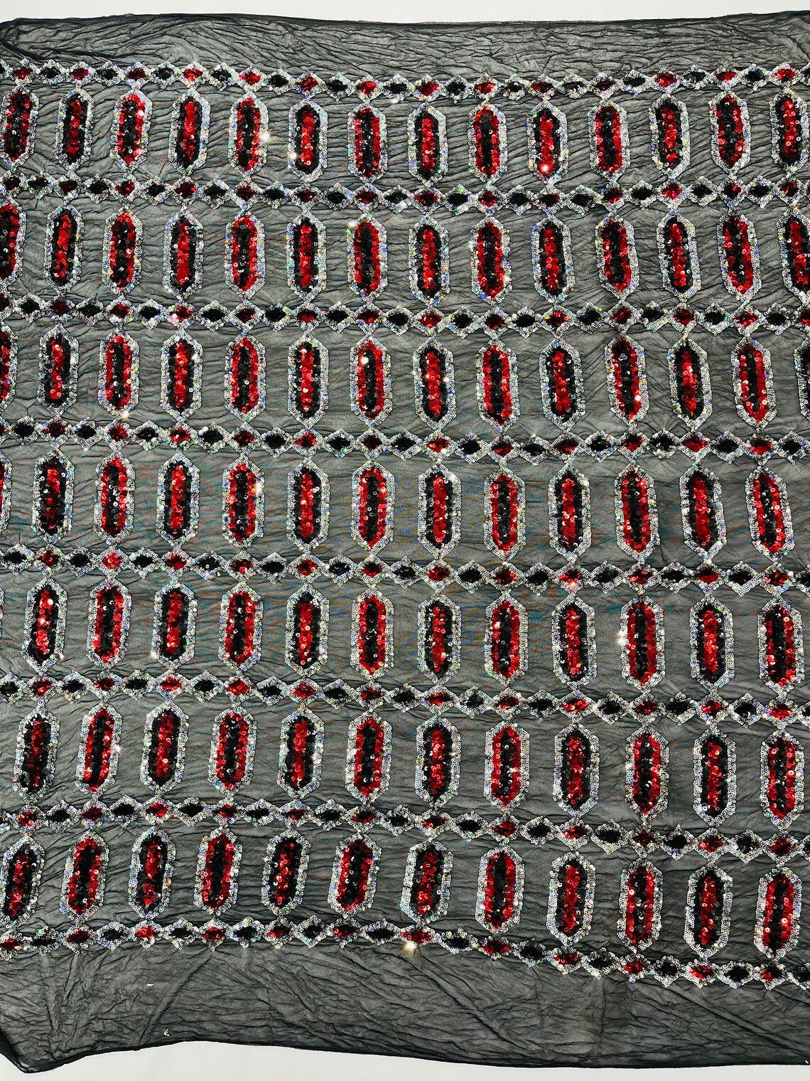 Geometric Luxury Fashion Design with Sequins Embroider on a Black 4 Way Stretch Mesh Fabric-Sold by The Yard. Red/Silver