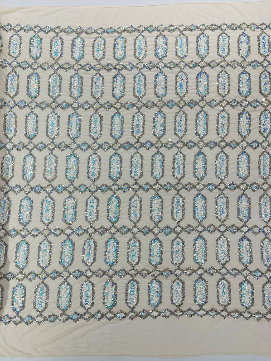 Geometric Luxury Fashion Design with Sequins Embroider on a Cream 4 Way Stretch Mesh Fabric-Sold by The Yard. Aqua/Silver