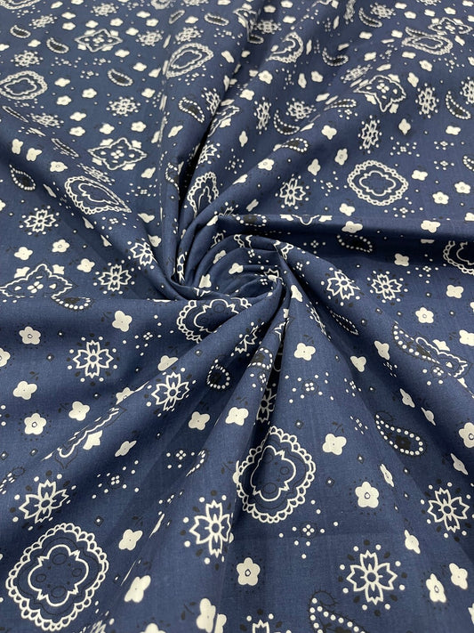 Bandana Print Fabric,- NAVY - Good for Face Mask Covers, Clothing/costume/Quilting Fabric By Yard.