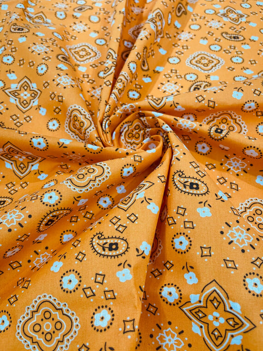 Bandana Print Fabric,- LT ORANGE - Good for Face Mask Covers, Clothing/costume/Quilting Fabric By Yard.