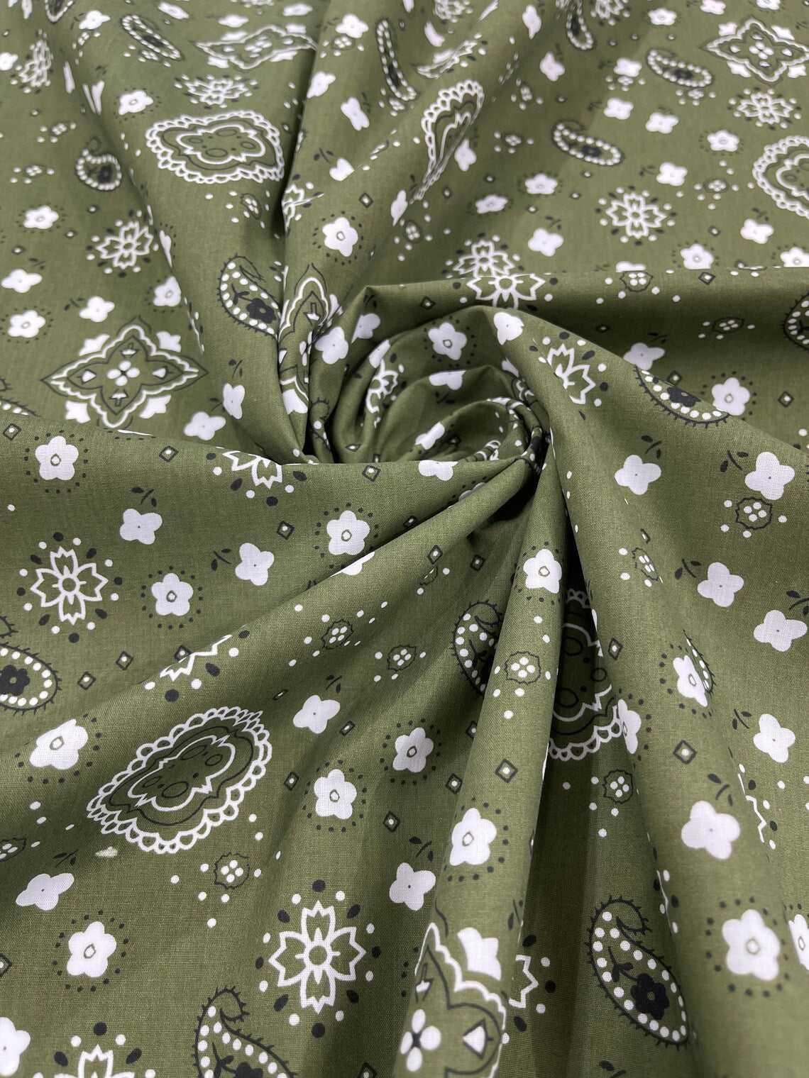 Bandana Print Fabric,- OLIVE - Good for Face Mask Covers, Clothing/costume/Quilting Fabric By Yard.