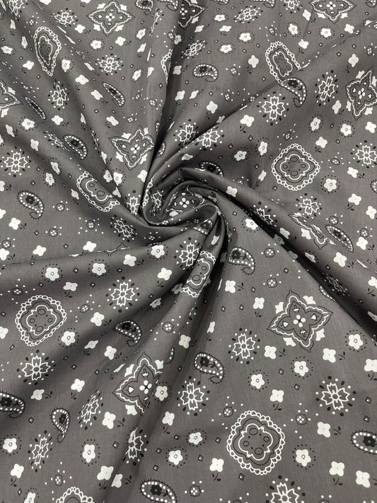 Bandana Print Fabric,- GRAY - Good for Face Mask Covers, Clothing/costume/Quilting Fabric By Yard.