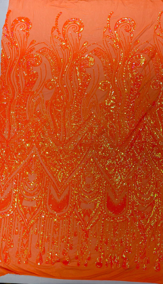 ORANGE - FEATHERS - Fashion Design with Sequins Embroider on a 4 Way Stretch Mesh Fabric-Sold by The Yard.