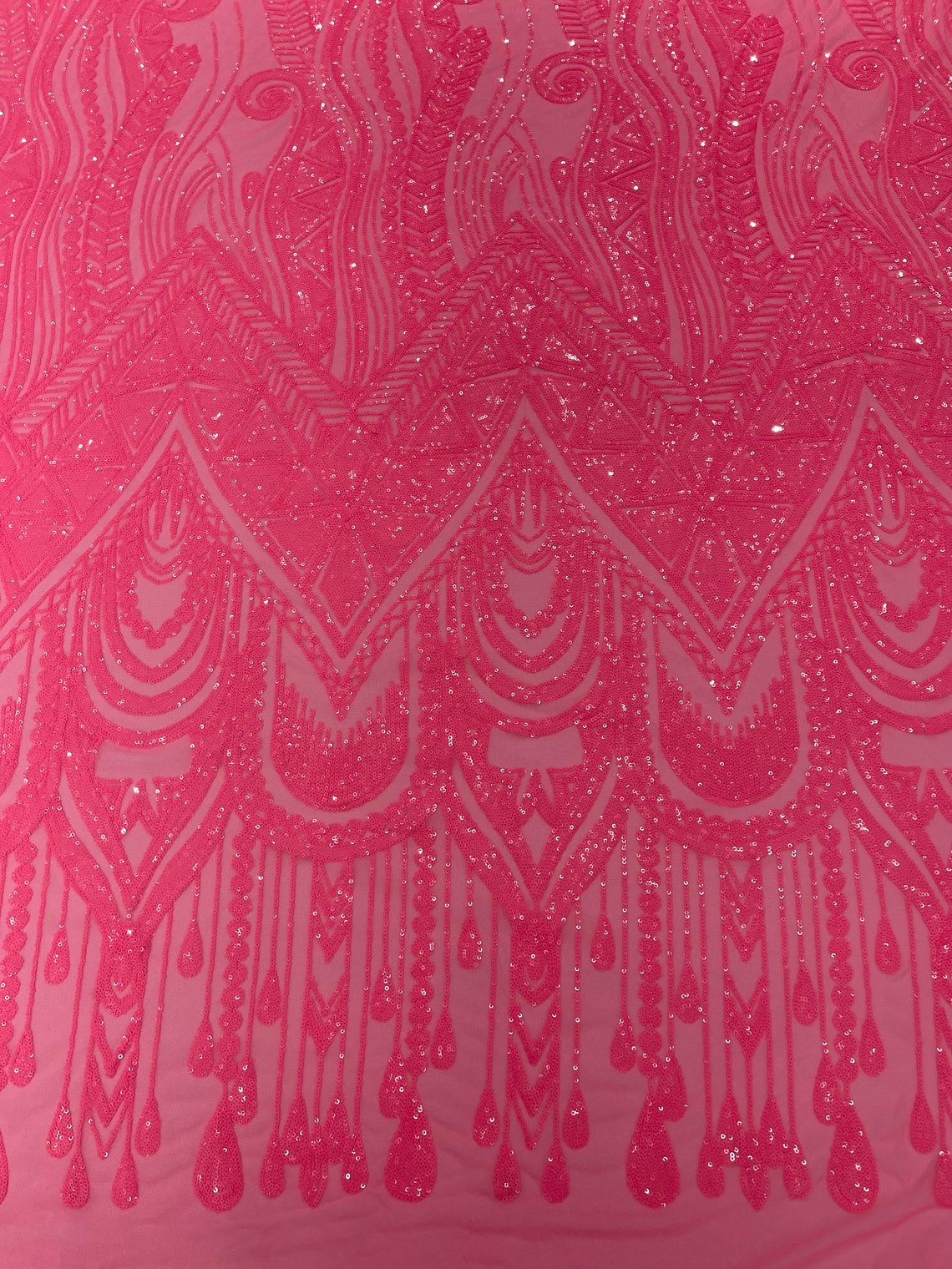 HOT PINK - FEATHERS - Fashion Design with Sequins Embroider on a 4 Way Stretch Mesh Fabric-Sold by The Yard.