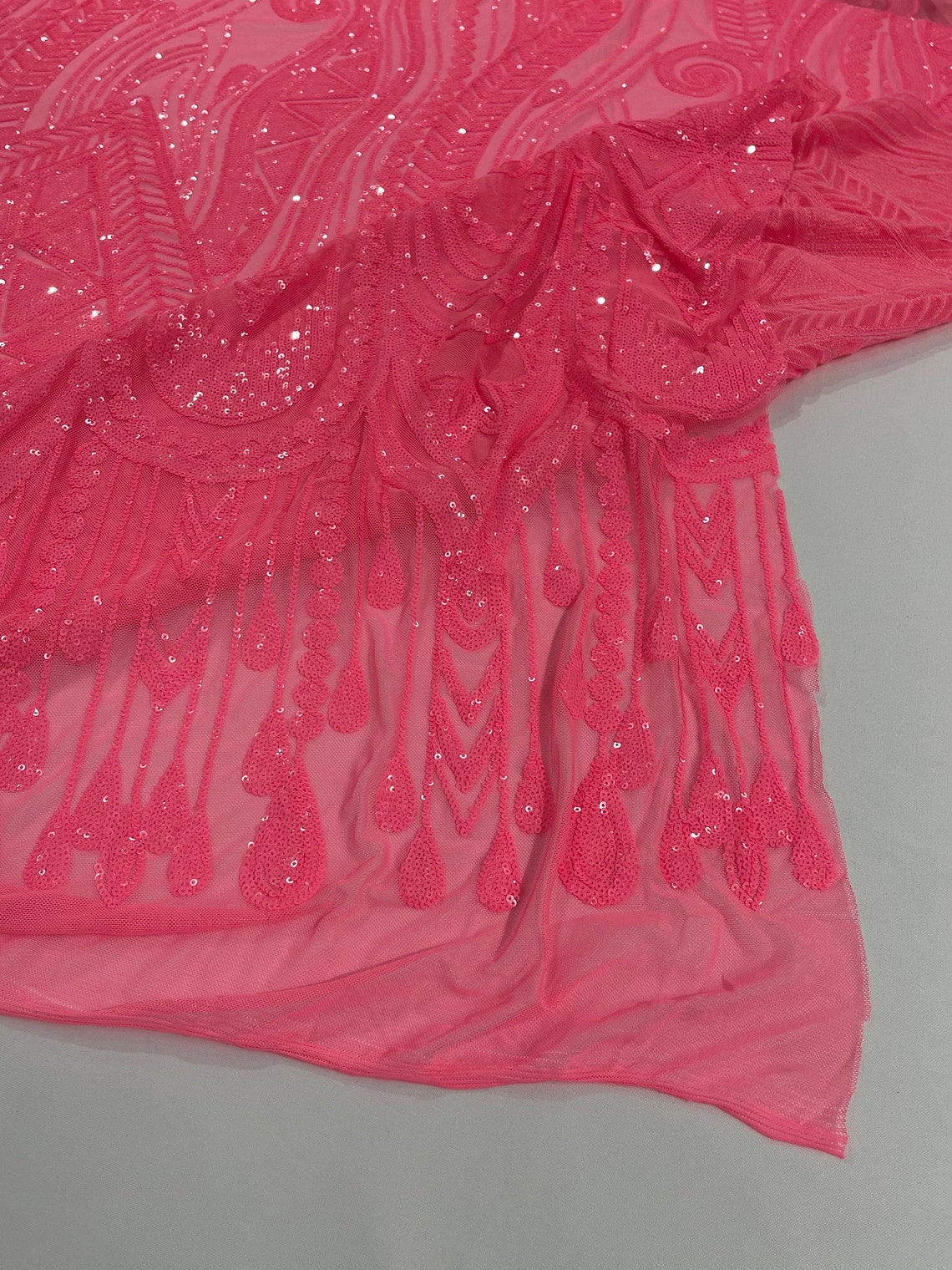 HOT PINK - FEATHERS - Fashion Design with Sequins Embroider on a 4 Way Stretch Mesh Fabric-Sold by The Yard.