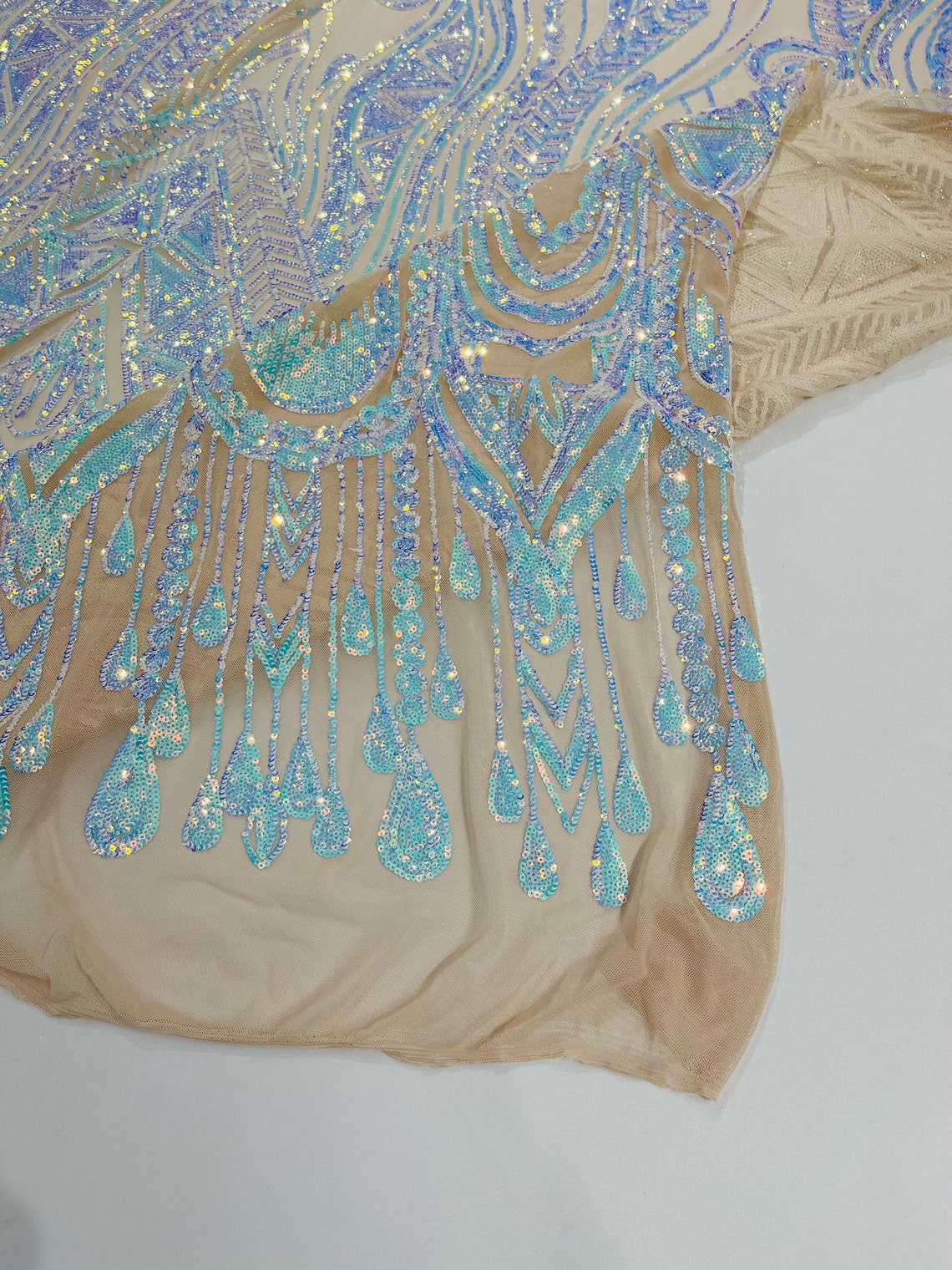 AQUA - FEATHERS - Fashion Design with Sequins Embroider on a 4 Way Stretch Mesh Fabric-Sold by The Yard.