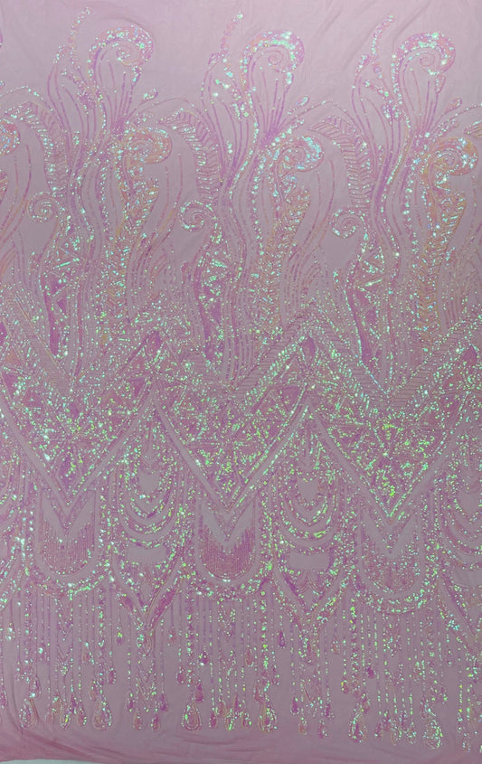 PINK - FEATHERS - Fashion Design with Sequins Embroider on a 4 Way Stretch Mesh Fabric-Sold by The Yard.