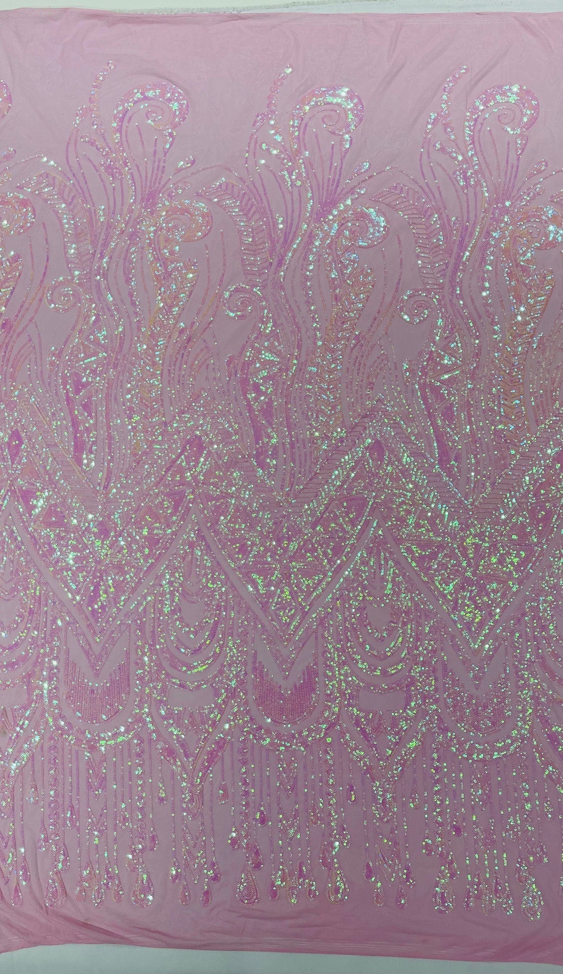 PINK - FEATHERS - Fashion Design with Sequins Embroider on a 4 Way Stretch Mesh Fabric-Sold by The Yard.