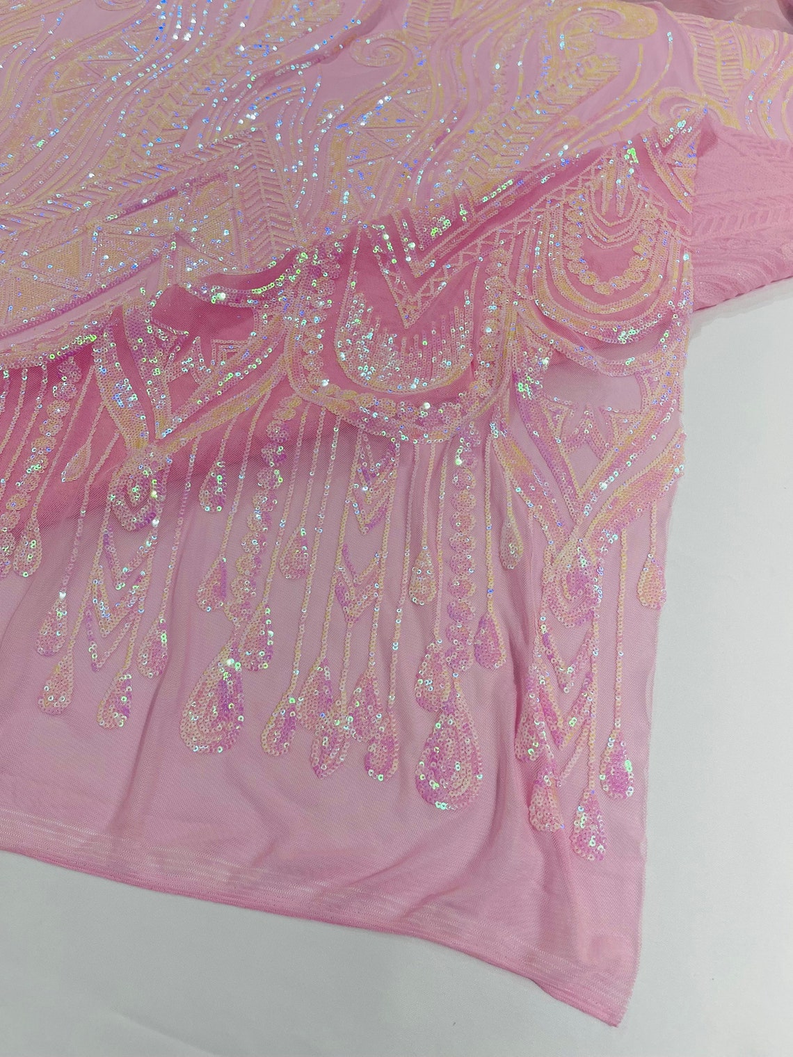 PINK - FEATHERS - Fashion Design with Sequins Embroider on a 4 Way Stretch Mesh Fabric-Sold by The Yard.