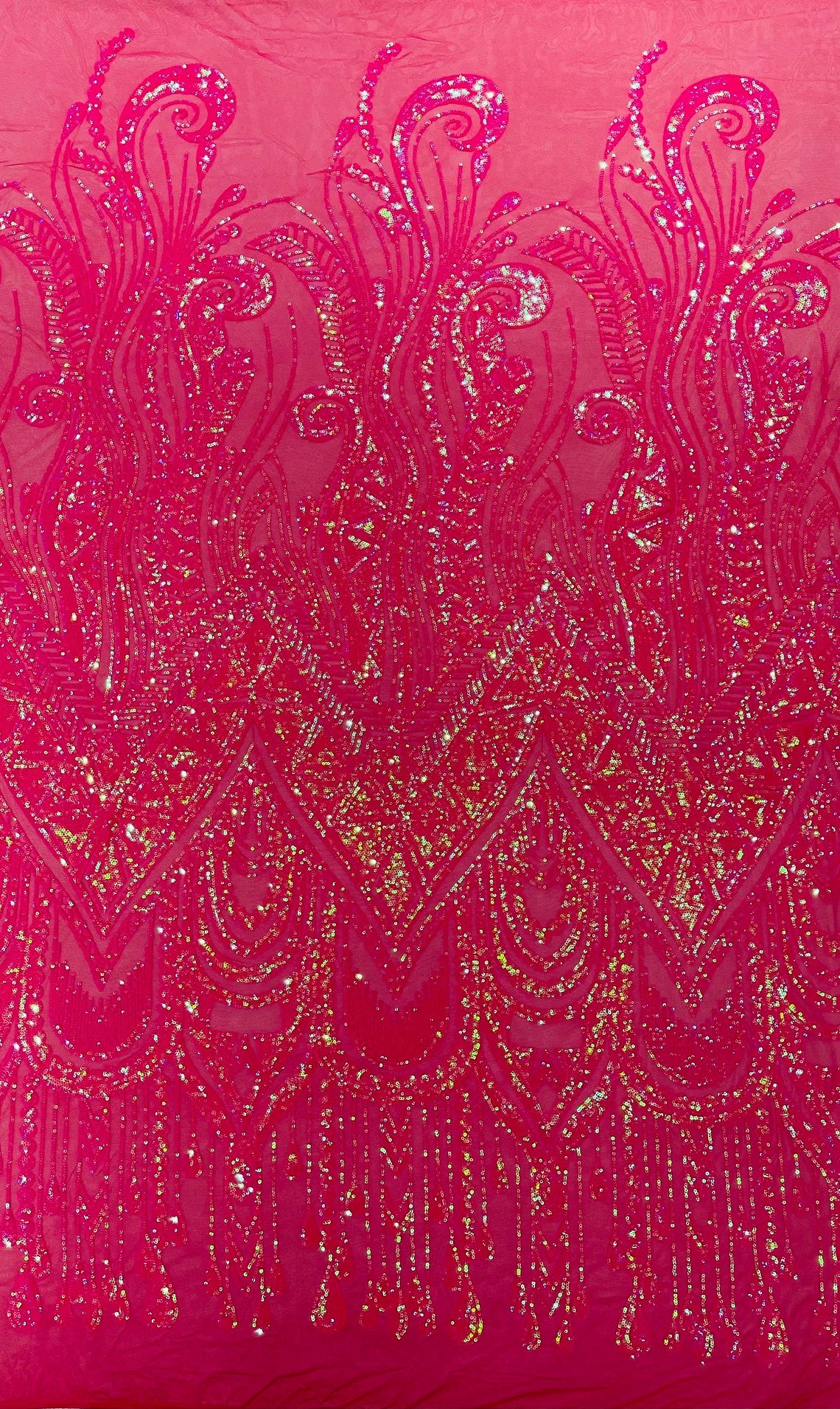 FUCHSIA - FEATHERS - Fashion Design with Sequins Embroider on a 4 Way Stretch Mesh Fabric-Sold by The Yard.