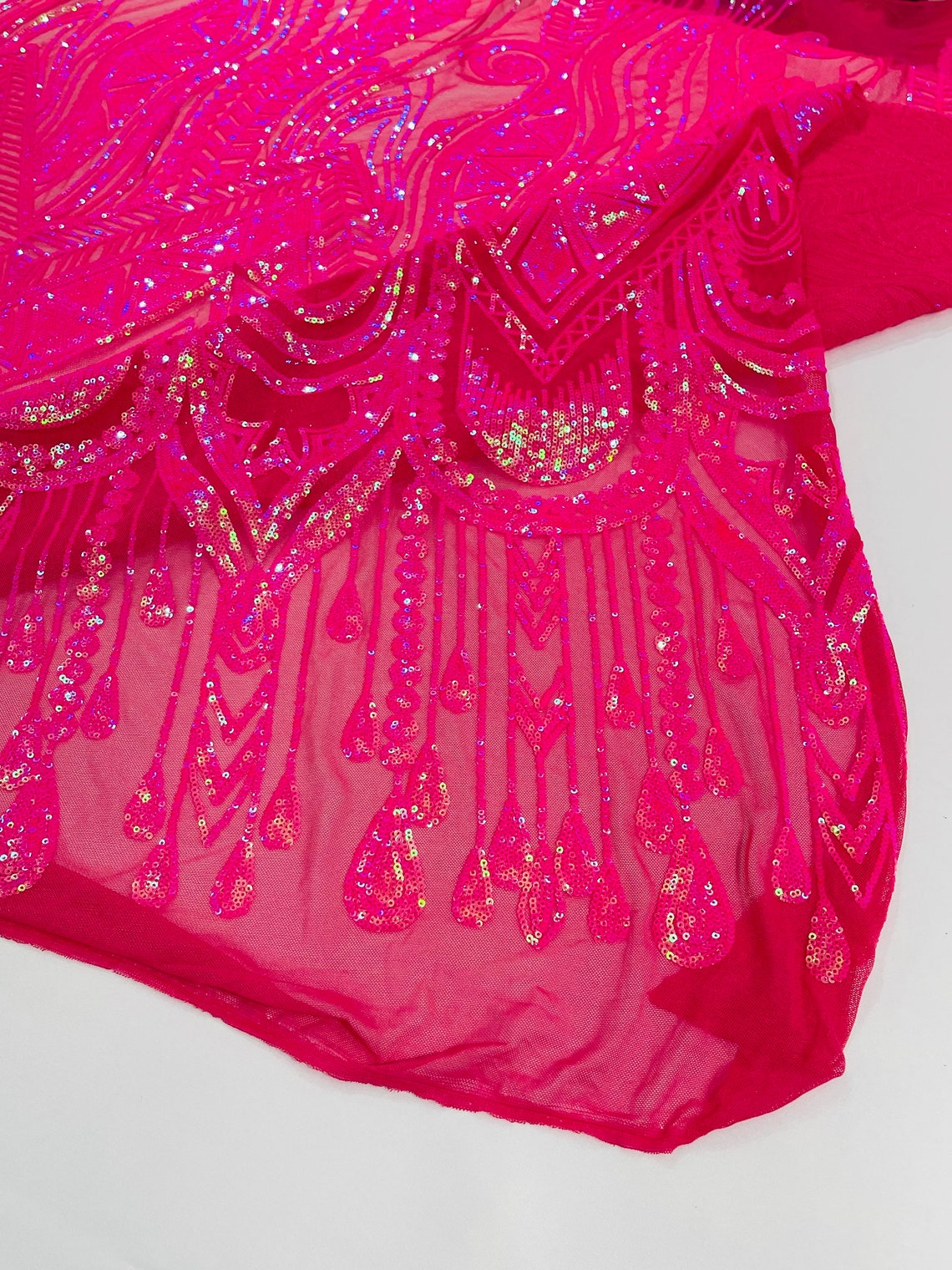 FUCHSIA - FEATHERS - Fashion Design with Sequins Embroider on a 4 Way Stretch Mesh Fabric-Sold by The Yard.