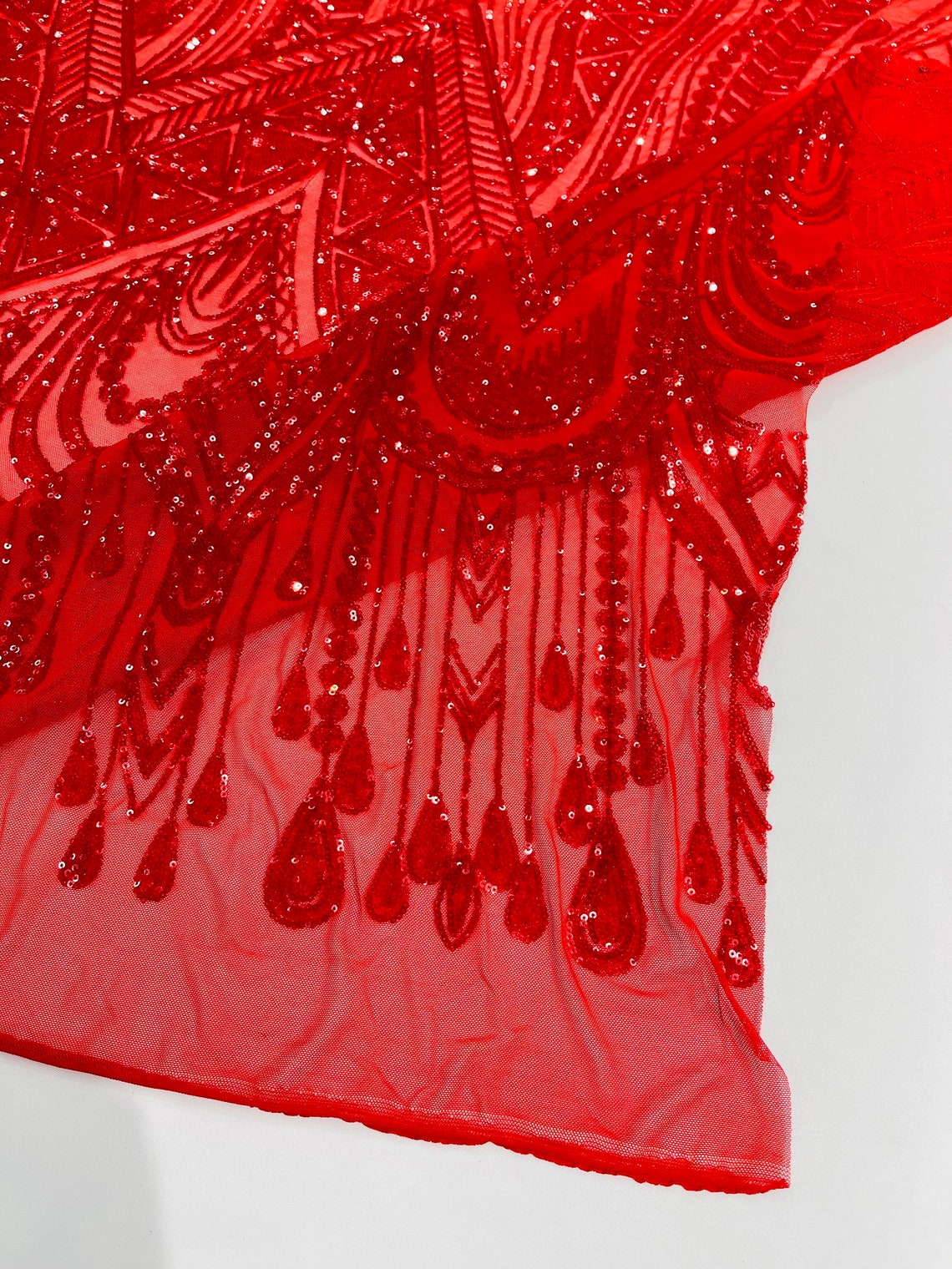 RED - FEATHERS - Fashion Design with Sequins Embroider on a 4 Way Stretch Mesh Fabric-Sold by The Yard.