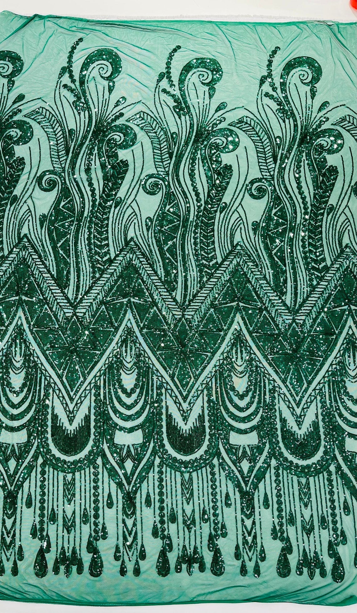 HUNTER - FEATHERS - Fashion Design with Sequins Embroider on a 4 Way Stretch Mesh Fabric-Sold by The Yard.