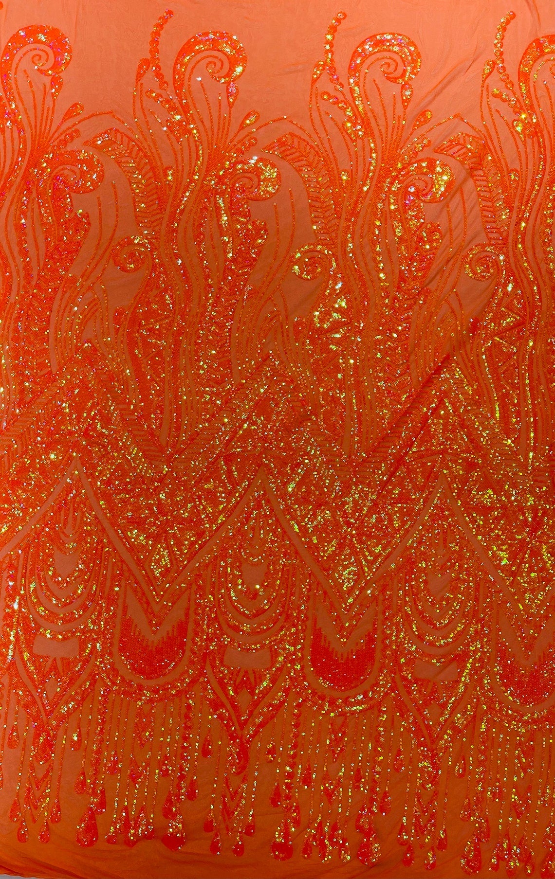 ORANGE - FEATHERS - Fashion Design with Sequins Embroider on a 4 Way Stretch Mesh Fabric-Sold by The Yard.