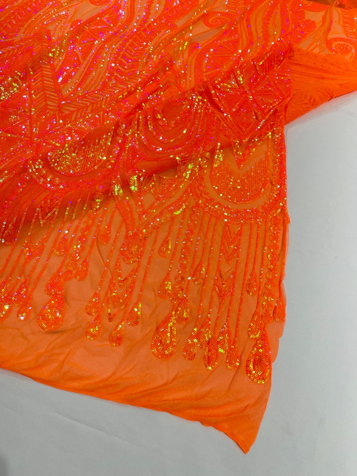 ORANGE - FEATHERS - Fashion Design with Sequins Embroider on a 4 Way Stretch Mesh Fabric-Sold by The Yard.