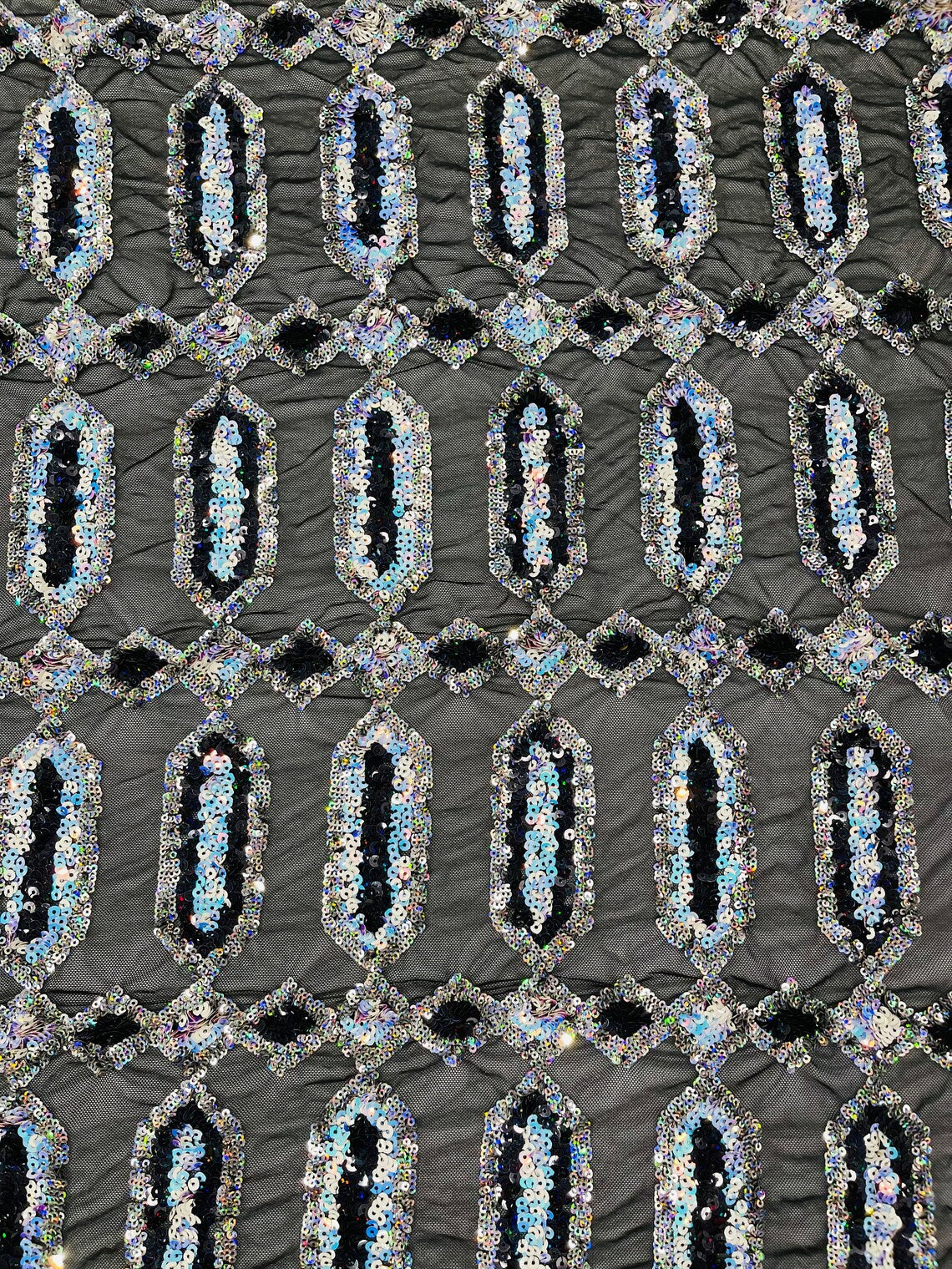 Geometric Luxury Fashion Design with Sequins Embroider on a 4 Way Stretch Mesh Fabric-Sold by The Yard. Aqua/Silver