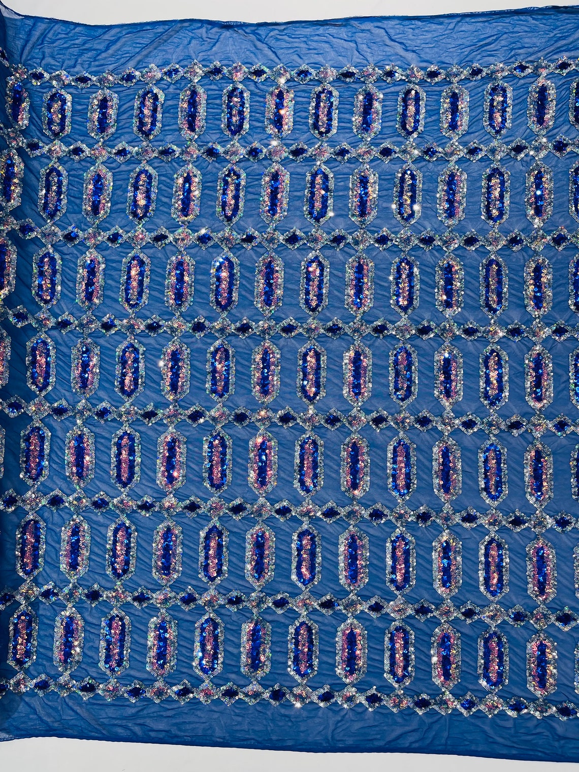 Geometric Luxury Fashion Design with Sequins Embroider on a 4 Way Stretch Mesh Fabric-Sold by The Yard. Royal Blue/Silver