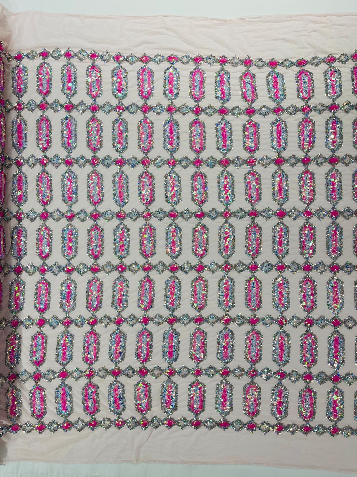 Geometric Luxury Fashion Design with Sequins Embroider on a Pink 4 Way Stretch Mesh Fabric-Sold by The Yard. Candy Pink /Silver