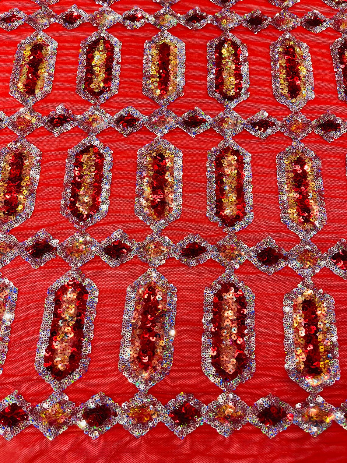 Geometric Luxury Fashion Design with Sequins Embroider on a 4 Way Stretch Mesh Fabric-Sold by The Yard. Red /Silver