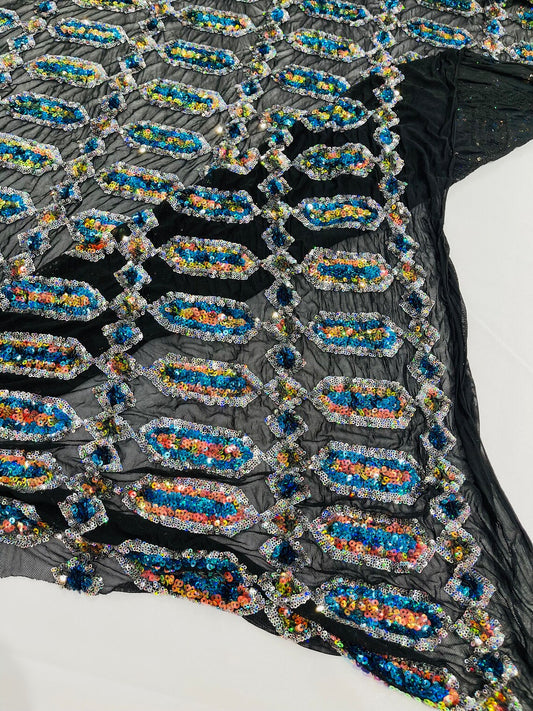 Geometric Luxury Fashion Design with Sequins Embroider on a 4 Way Stretch Mesh Fabric-Sold by The Yard. Turquoise/Silver