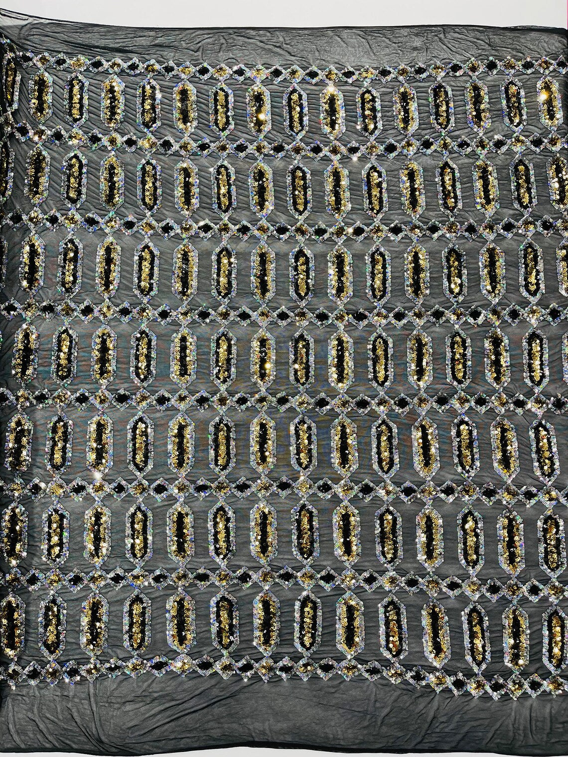 Geometric Luxury Fashion Design with Sequins Embroider on a 4 Way Stretch Mesh Fabric-Sold by The Yard. Olive Green/Silver