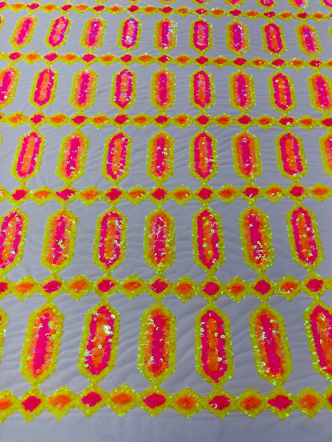 Geometric Luxury Fashion Design with Sequins Embroider on a White 4 Way Stretch Mesh Fabric-Sold by The Yard. Neon Yellow/Neon Pink