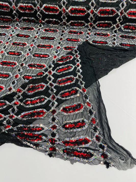 Geometric Luxury Fashion Design with Sequins Embroider on a Black 4 Way Stretch Mesh Fabric-Sold by The Yard. Red/Silver