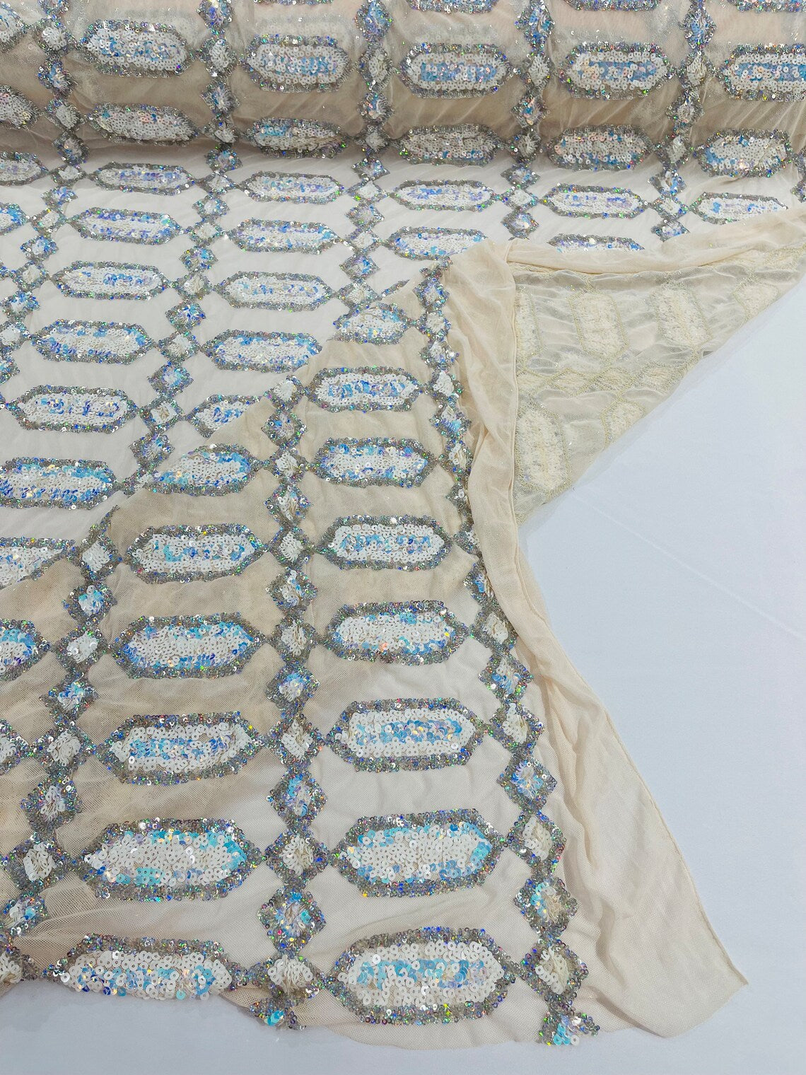 Geometric Luxury Fashion Design with Sequins Embroider on a Cream 4 Way Stretch Mesh Fabric-Sold by The Yard. Aqua/Silver