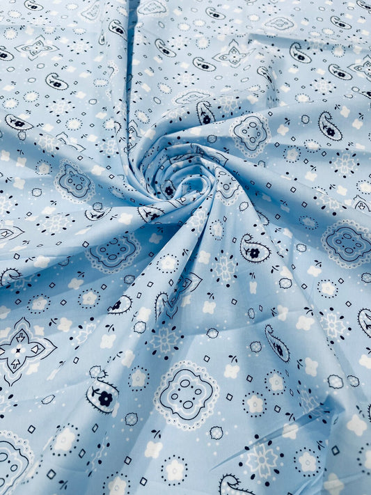 Bandana Print Fabric,- LT BLUE - Good for Face Mask Covers, Clothing/costume/Quilting Fabric By Yard.