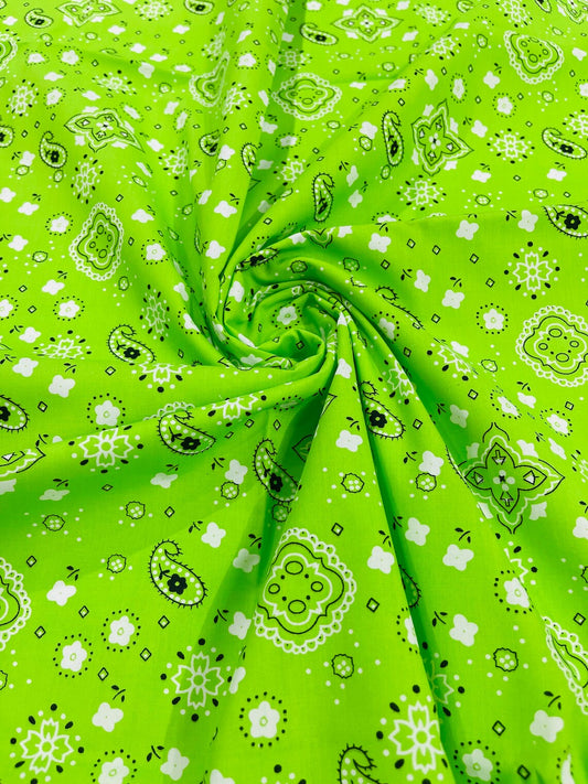 Bandana Print Fabric,- LIME - Good for Face Mask Covers, Clothing/costume/Quilting Fabric By Yard.