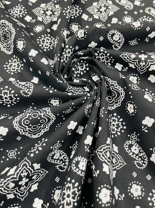 Bandana Print Fabric,- BLACK - Good for Face Mask Covers, Clothing/costume/Quilting Fabric By Yard.