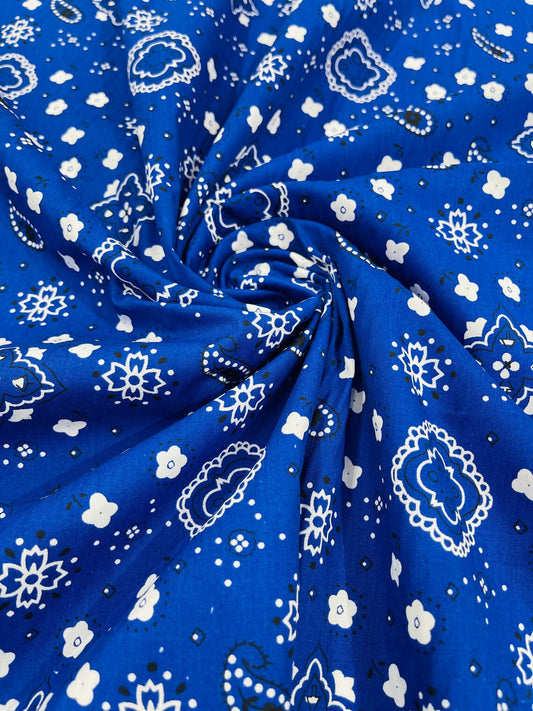 Bandana Print Fabric,- ROYAL - Good for Face Mask Covers, Clothing/costume/Quilting Fabric By Yard.