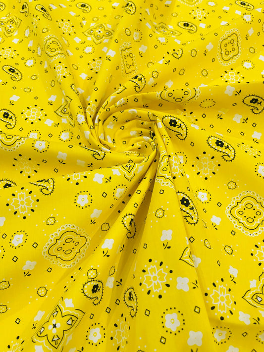 Bandana Print Fabric,- YELLOW - Good for Face Mask Covers, Clothing/costume/Quilting Fabric By Yard.