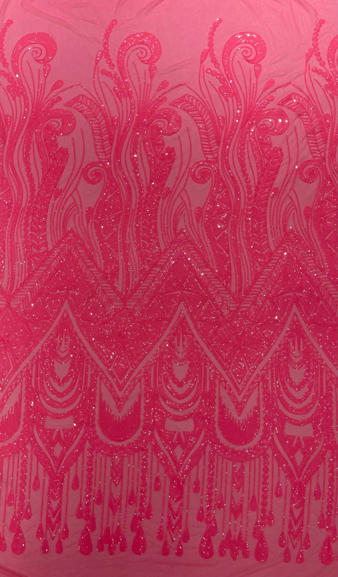 HOT PINK - FEATHERS - Fashion Design with Sequins Embroider on a 4 Way Stretch Mesh Fabric-Sold by The Yard.