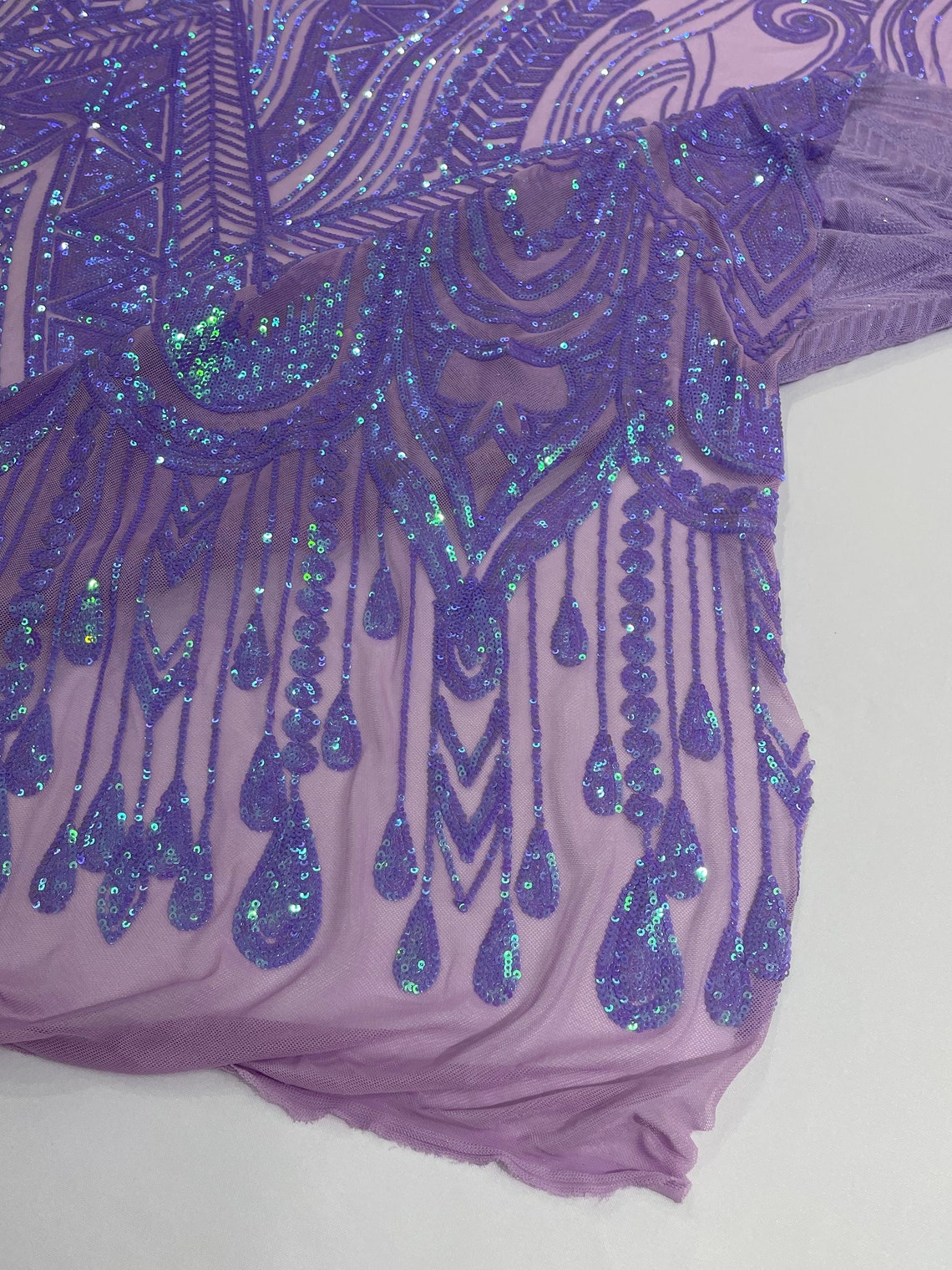 LAVENDER - FEATHERS - Fashion Design with Sequins Embroider on a 4 Way Stretch Mesh Fabric-Sold by The Yard.