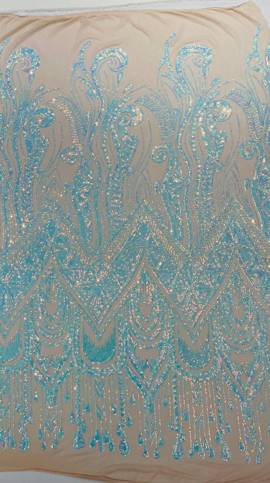 AQUA - FEATHERS - Fashion Design with Sequins Embroider on a 4 Way Stretch Mesh Fabric-Sold by The Yard.