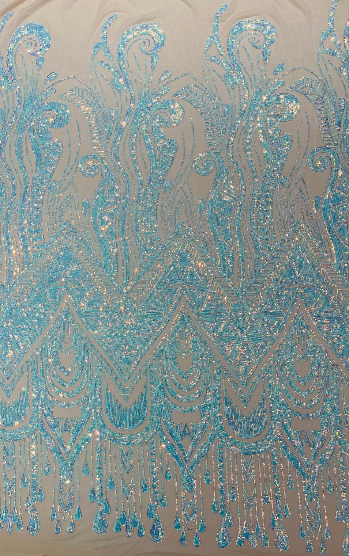 AQUA - FEATHERS - Fashion Design with Sequins Embroider on a 4 Way Stretch Mesh Fabric-Sold by The Yard.