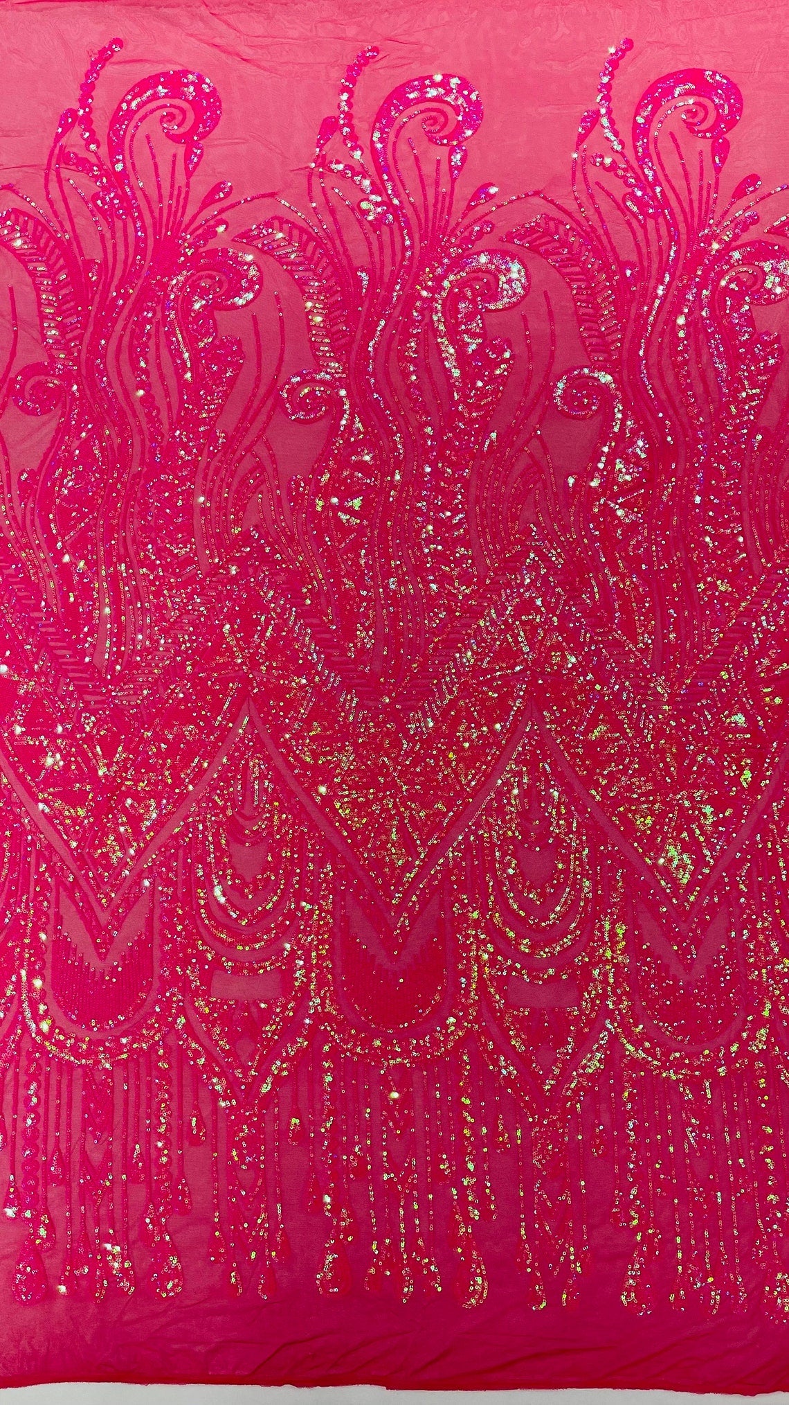 FUCHSIA - FEATHERS - Fashion Design with Sequins Embroider on a 4 Way Stretch Mesh Fabric-Sold by The Yard.