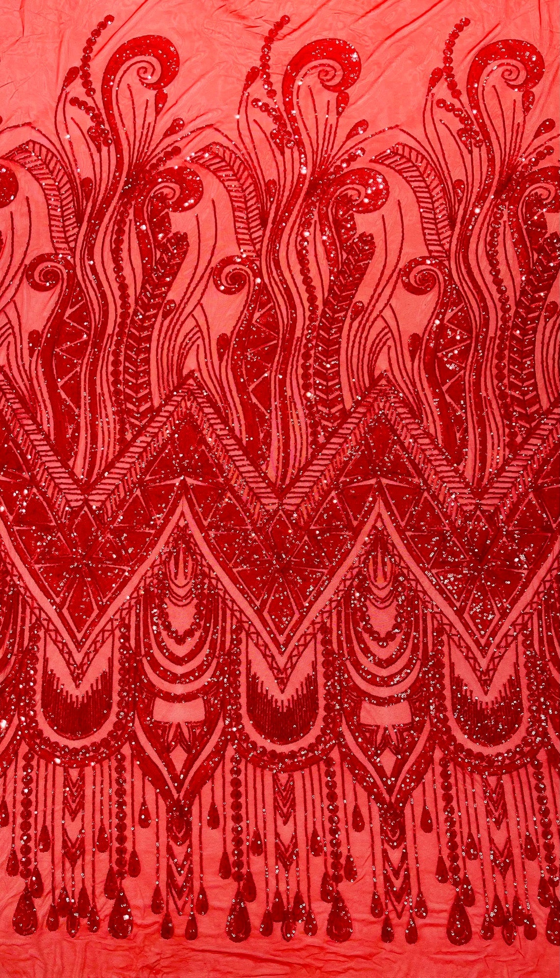 RED - FEATHERS - Fashion Design with Sequins Embroider on a 4 Way Stretch Mesh Fabric-Sold by The Yard.