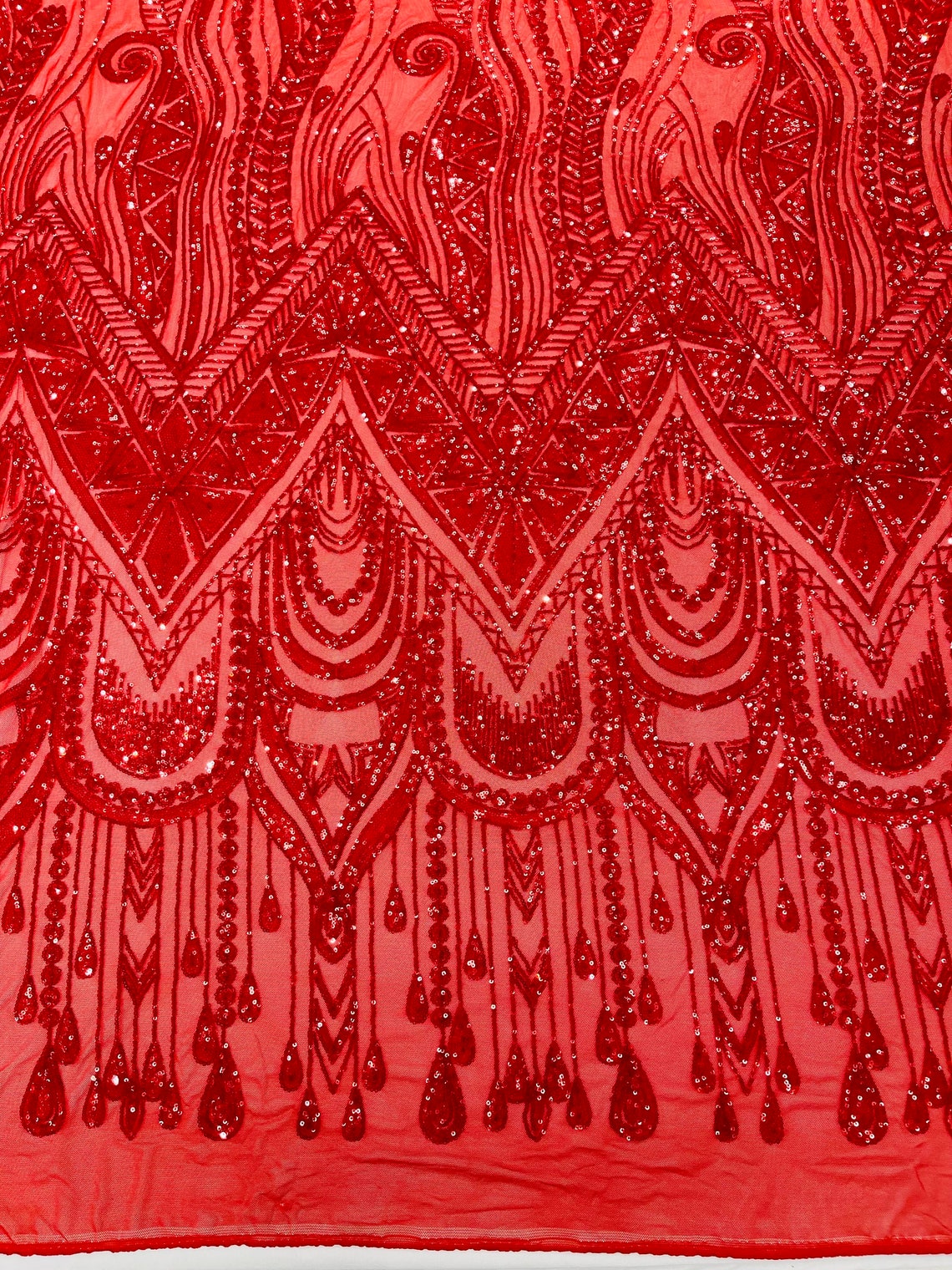 RED - FEATHERS - Fashion Design with Sequins Embroider on a 4 Way Stretch Mesh Fabric-Sold by The Yard.