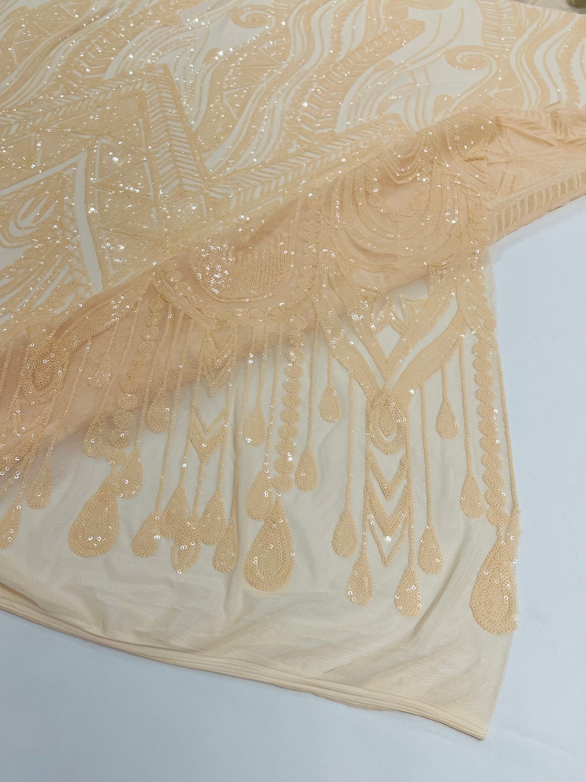 NUDE - FEATHERS - Fashion Design with Sequins Embroider on a 4 Way Stretch Mesh Fabric-Sold by The Yard.