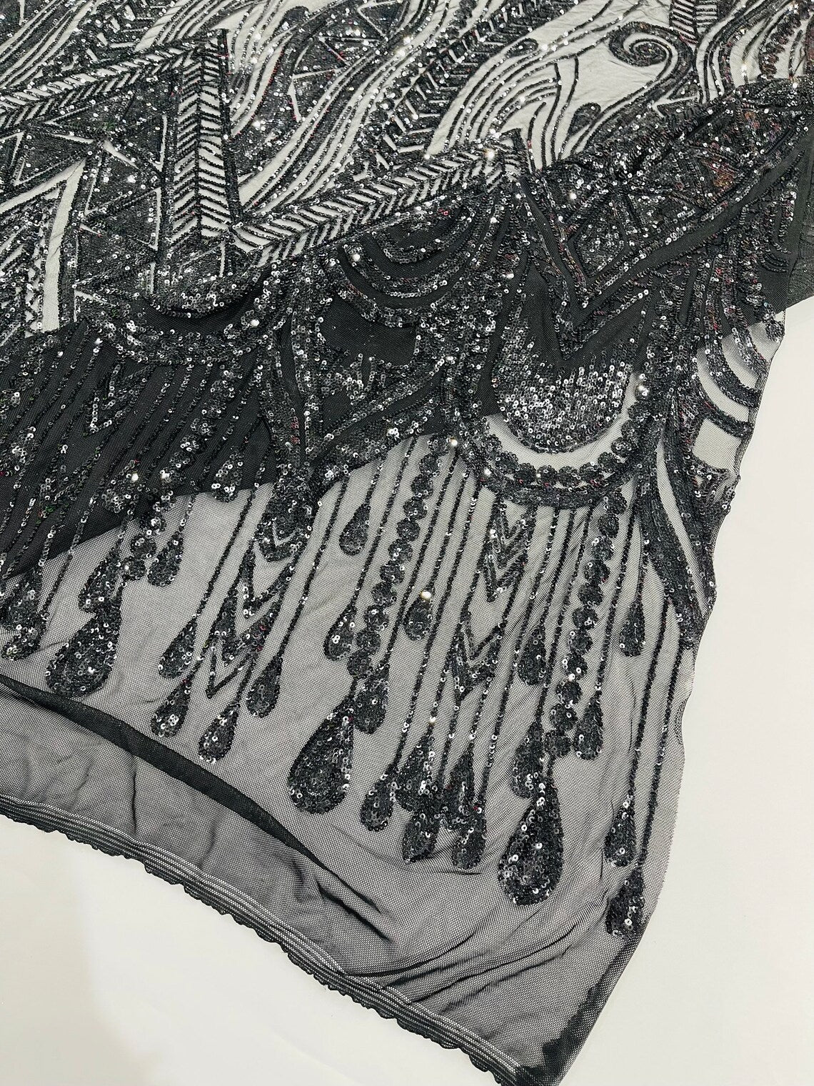 BLACK - FEATHERS - Fashion Design with Sequins Embroider on a 4 Way Stretch Mesh Fabric-Sold by The Yard.