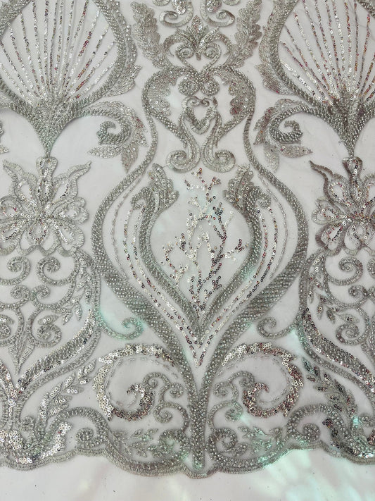 HEART  -  Designs Embroider with Sequins and Heavy Beaded on a Mesh Lace Fabric - Sold By The Yard - SILVER