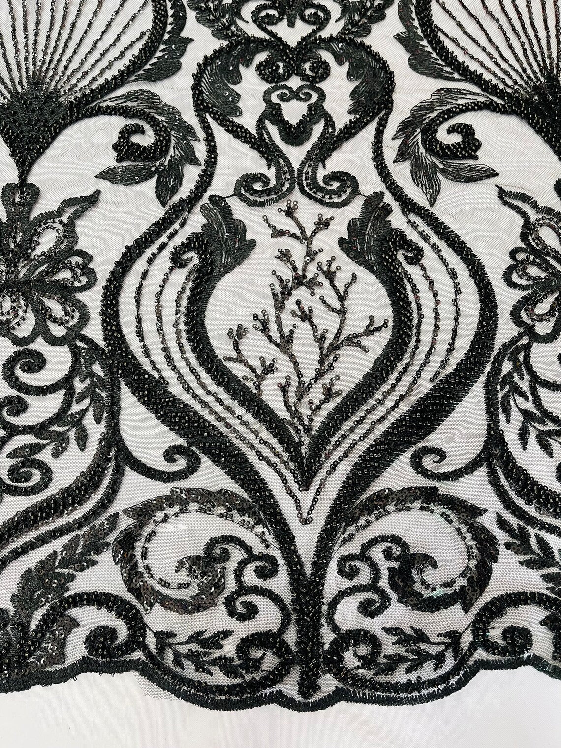 HEART  -  Designs Embroider with Sequins and Heavy Beaded on a Mesh Lace Fabric - Sold By The Yard - BLACK