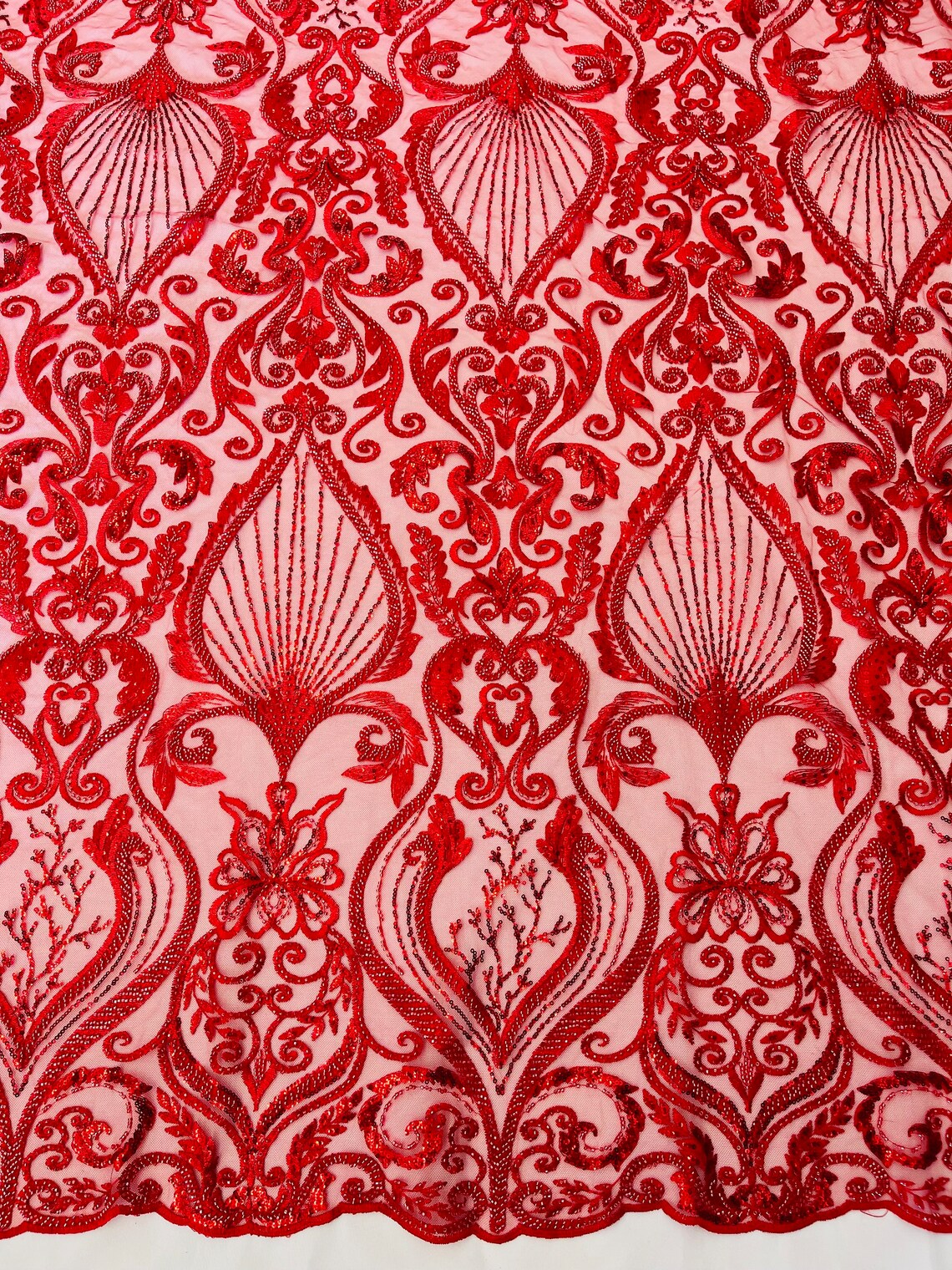 HEART  -  Designs Embroider with Sequins and Heavy Beaded on a Mesh Lace Fabric - Sold By The Yard - RED