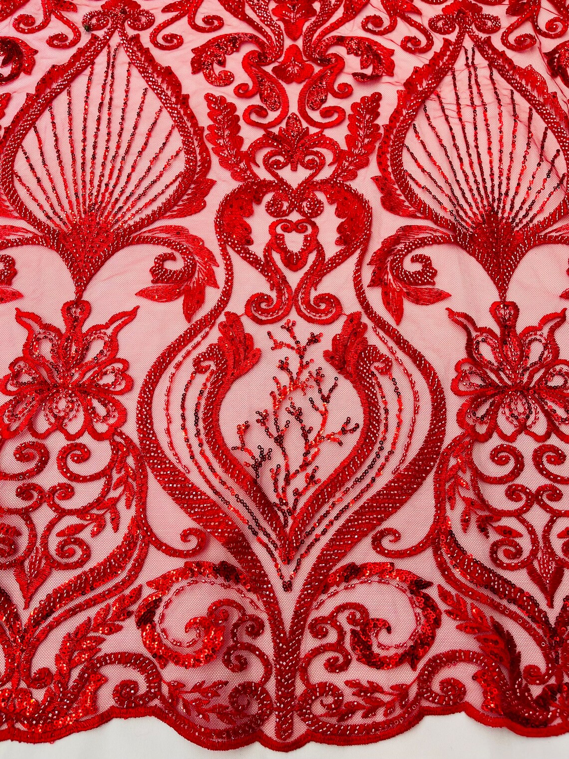 HEART  -  Designs Embroider with Sequins and Heavy Beaded on a Mesh Lace Fabric - Sold By The Yard - RED