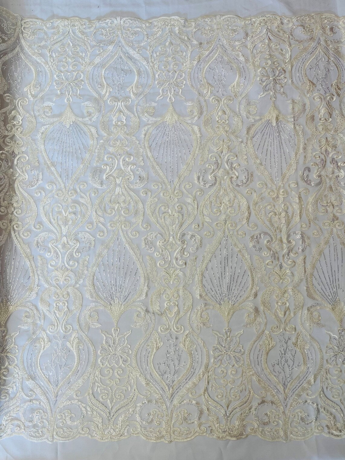 HEART  -  Designs Embroider with Sequins and Heavy Beaded on a Mesh Lace Fabric - Sold By The Yard - IVORY