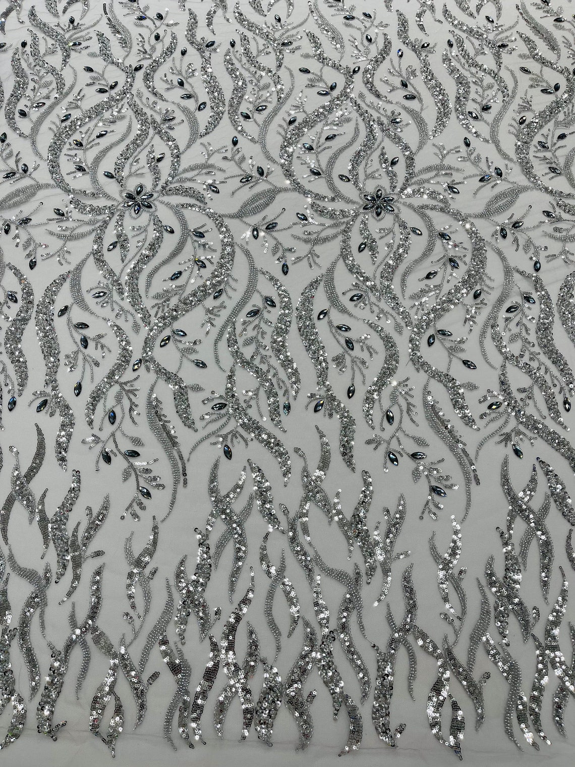 FIRE  -  Designs Embroider with Sequins and Heavy Beaded on a Mesh Lace Fabric - Sold By The Yard - SILVER