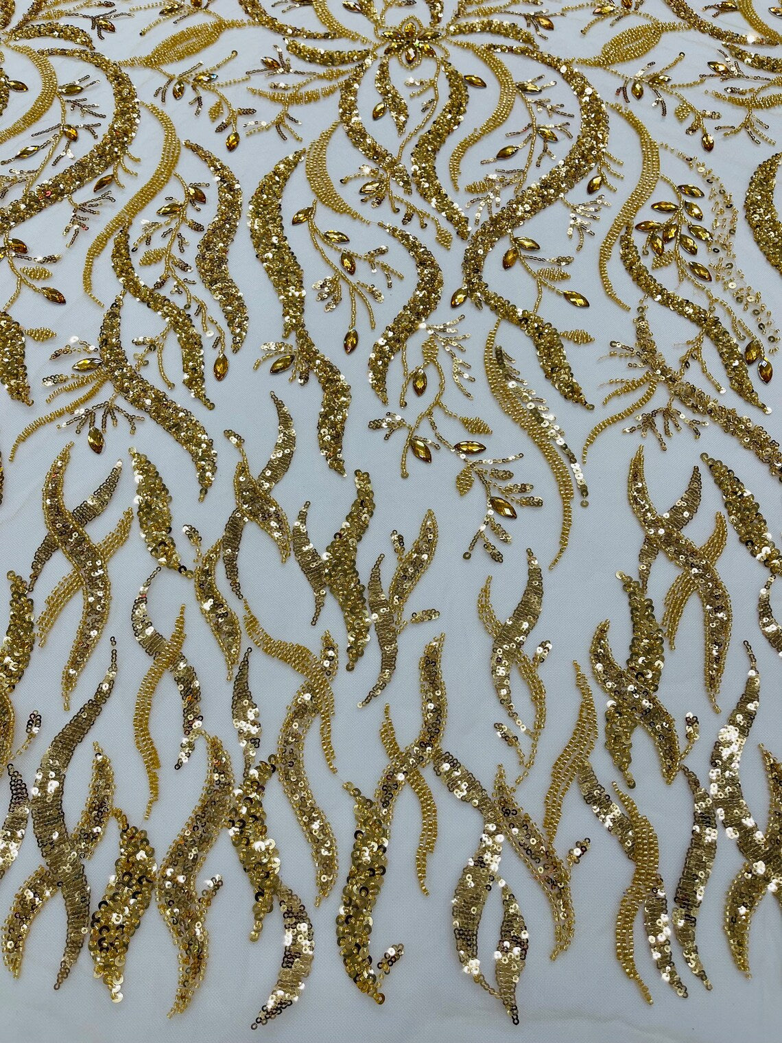 FIRE  -  Designs Embroider with Sequins and Heavy Beaded on a Mesh Lace Fabric - Sold By The Yard - GOLD